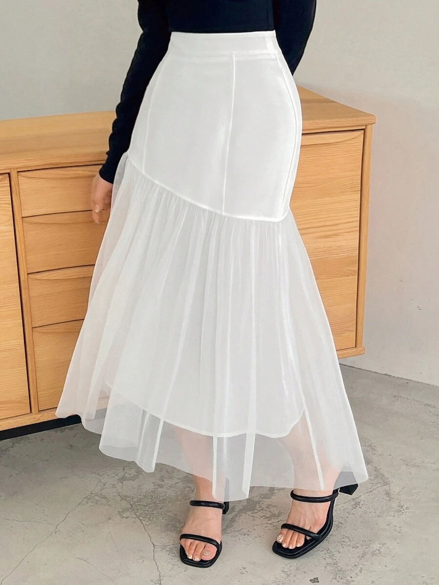 FRIFUL Ladies' White French Style Mesh Skirt - White - View 1