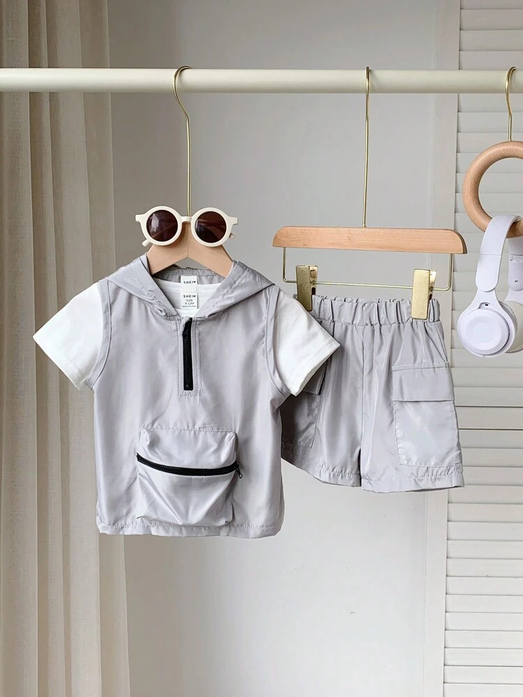 Baby Boy Flap Pocket Half Zipper Placket Hooded Top & Short Sleeve Tee & Shorts