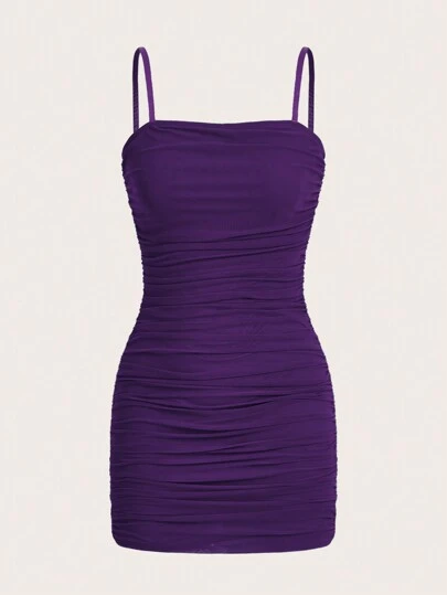 SHEIN EZwear Solid Color Pleated Mesh Bodycon Strappy Dress For Summer
