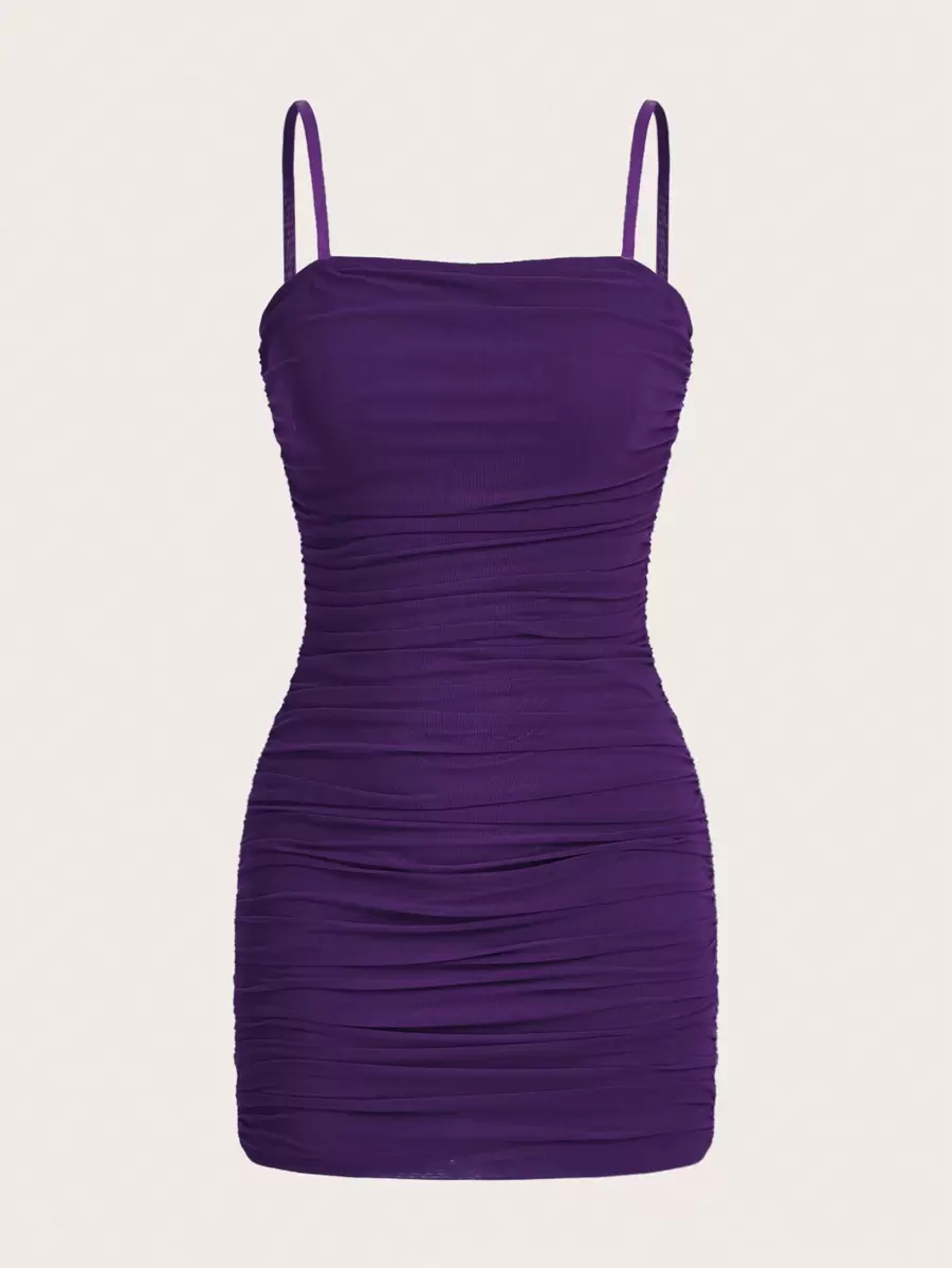 SHEIN EZwear Solid Color Pleated Mesh Bodycon Strappy Dress For Summer - Purple - View 1
