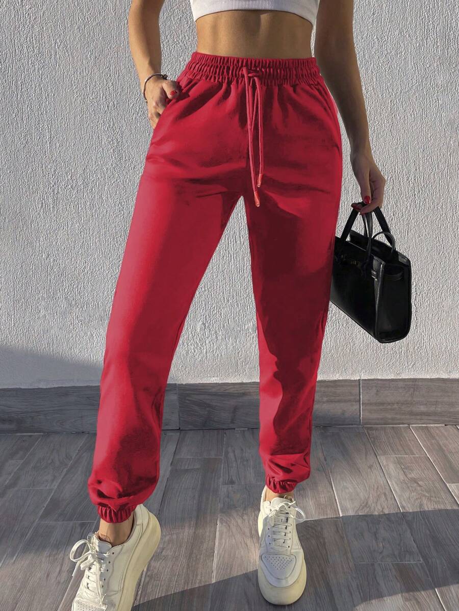 Cloudara Women's Drawstring Cuffed Jogger Pants - Red - View 1