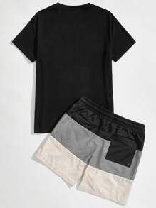 GENTILAND Ensemble deux pièces pour homme, t-shirt imprimé de lettres et short colorblock pour l'été - Gris pâle - Voir 2