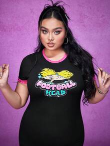 Nick 90s | SHEIN Plus Size Knit Bodycon Dress With Letter Print, Color Blocking Design - Black - View 6