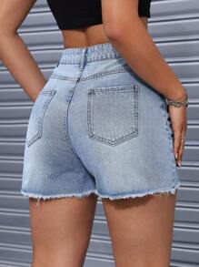 SHEIN EZwear Quý cô Đau khổ Quần short Denim Với Túi - Rửa nhẹ - Xem 3