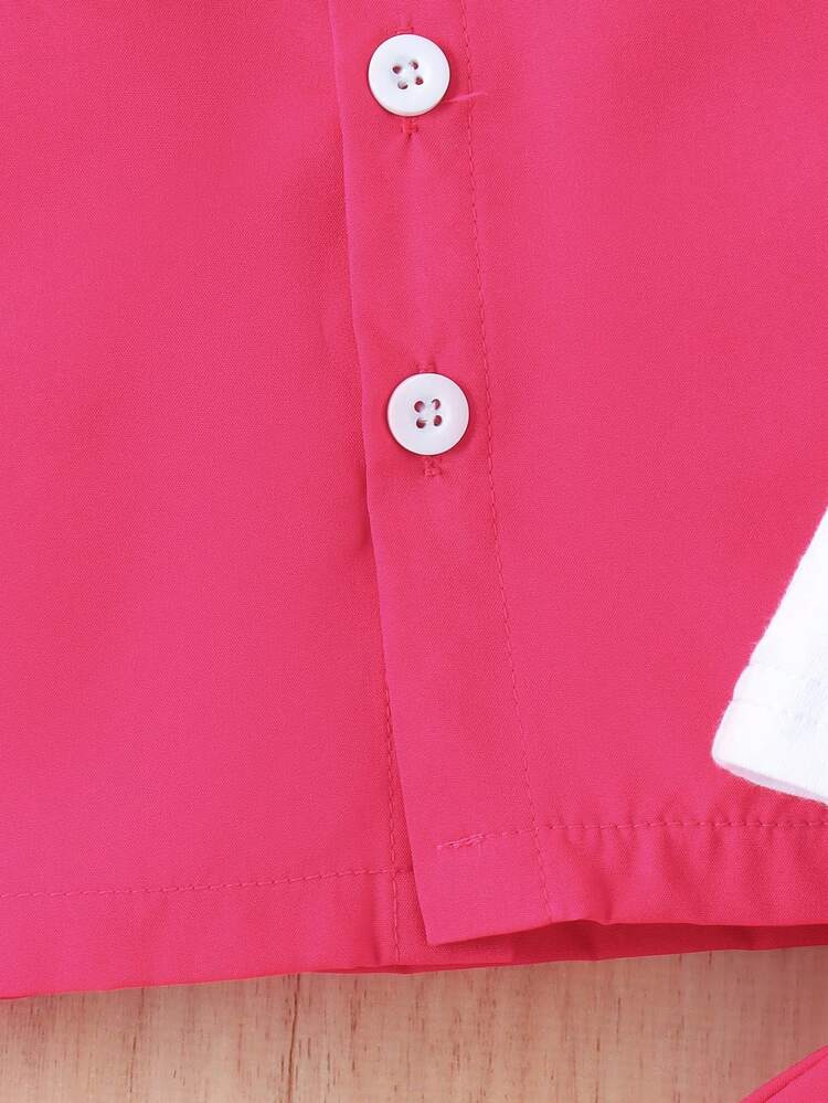 Baby Girl Solid Color Small Stand Collar Vest, Letter Print Short Sleeve Top And Shorts Casual Outfit