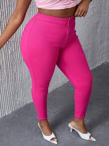 SHEIN SXY 大尺碼純色緊身牛仔褲 - 玫紅色 - 查看 3