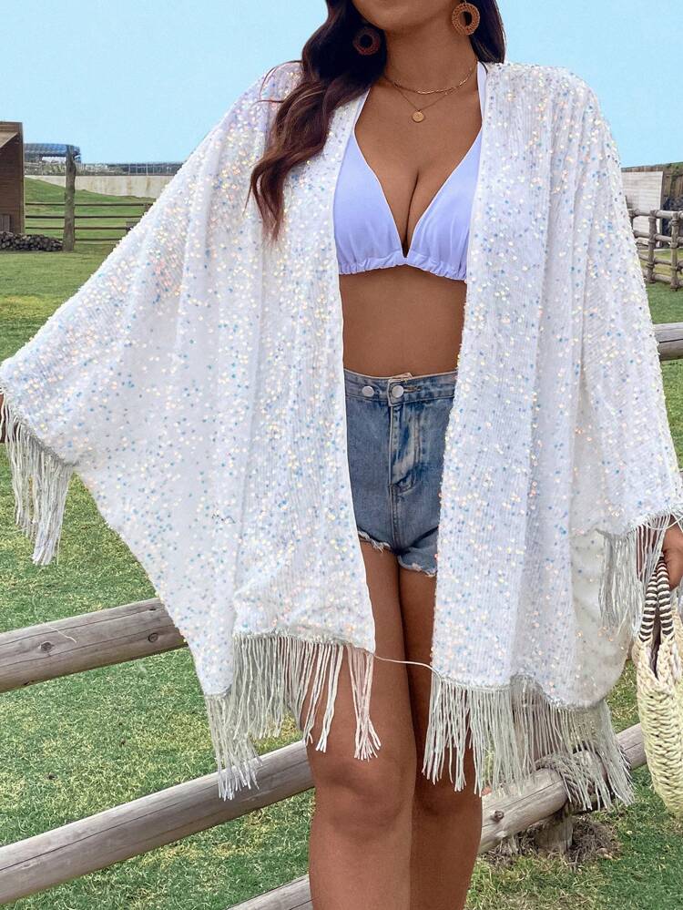 Plus Size Loose Fit Sequin Fringe Hem Open Front Jacket