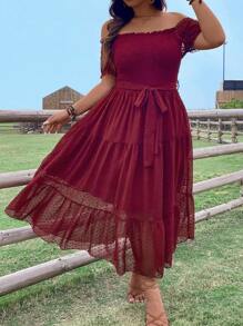 SHEIN Clasi Váy Plus Size dành cho nữ trong kỳ nghỉ hè kiểu dáng lệch vai Ruffles Lưới Hem - Màu Đỏ Sâu - Xem 3