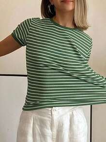 Livesso Women's Striped Round Neck Slightly Loose Fit Short Sleeve T-Shirt Summer Easter - Green - View 6