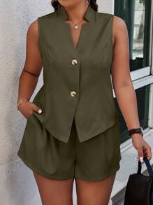 Calvaya 大尺碼女性時尚純色背心和短褲套裝 - 軍綠色 - 查看 4