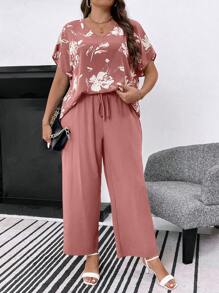 SHEIN LUNE Bộ đồ hai mảnh tay cánh dơi in hoa cỡ lớn và quần dài cho nữ mùa hè - Bụi hồng - Xem 6