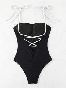 SHEIN Swim Đồ bơi một mảnh dành cho nữ có dây đeo trang trí phía sau và dây buộc để đi biển và đi nghỉ bên bờ biển - Đen và trắng - Xem 2