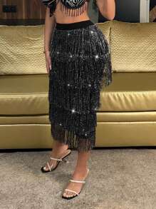 SHEIN SXY Váy tua rua gợi cảm cho nữ, mùa xuân hè - màu đen - Xem 6