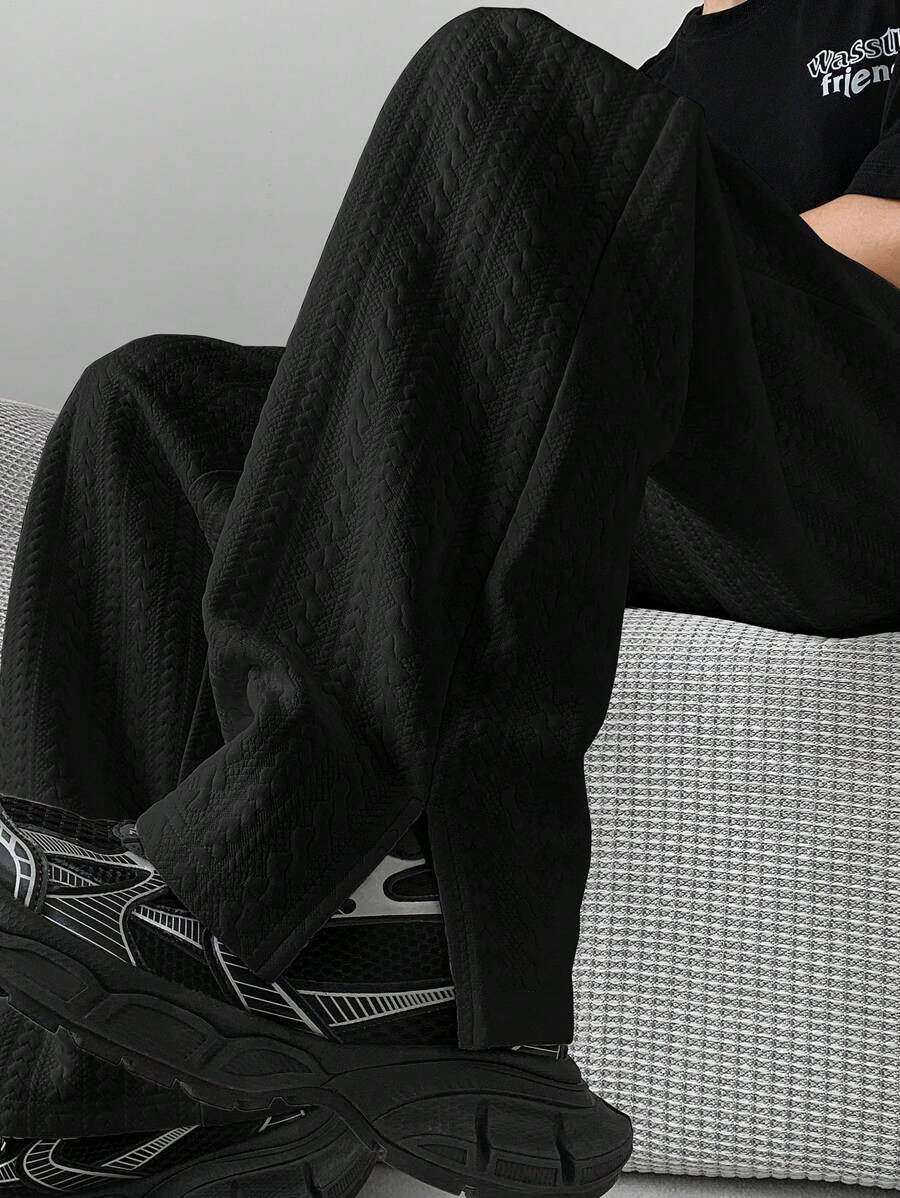 男士时尚休闲宽松提花开衩直筒裤 - 黑色 - 查看 1