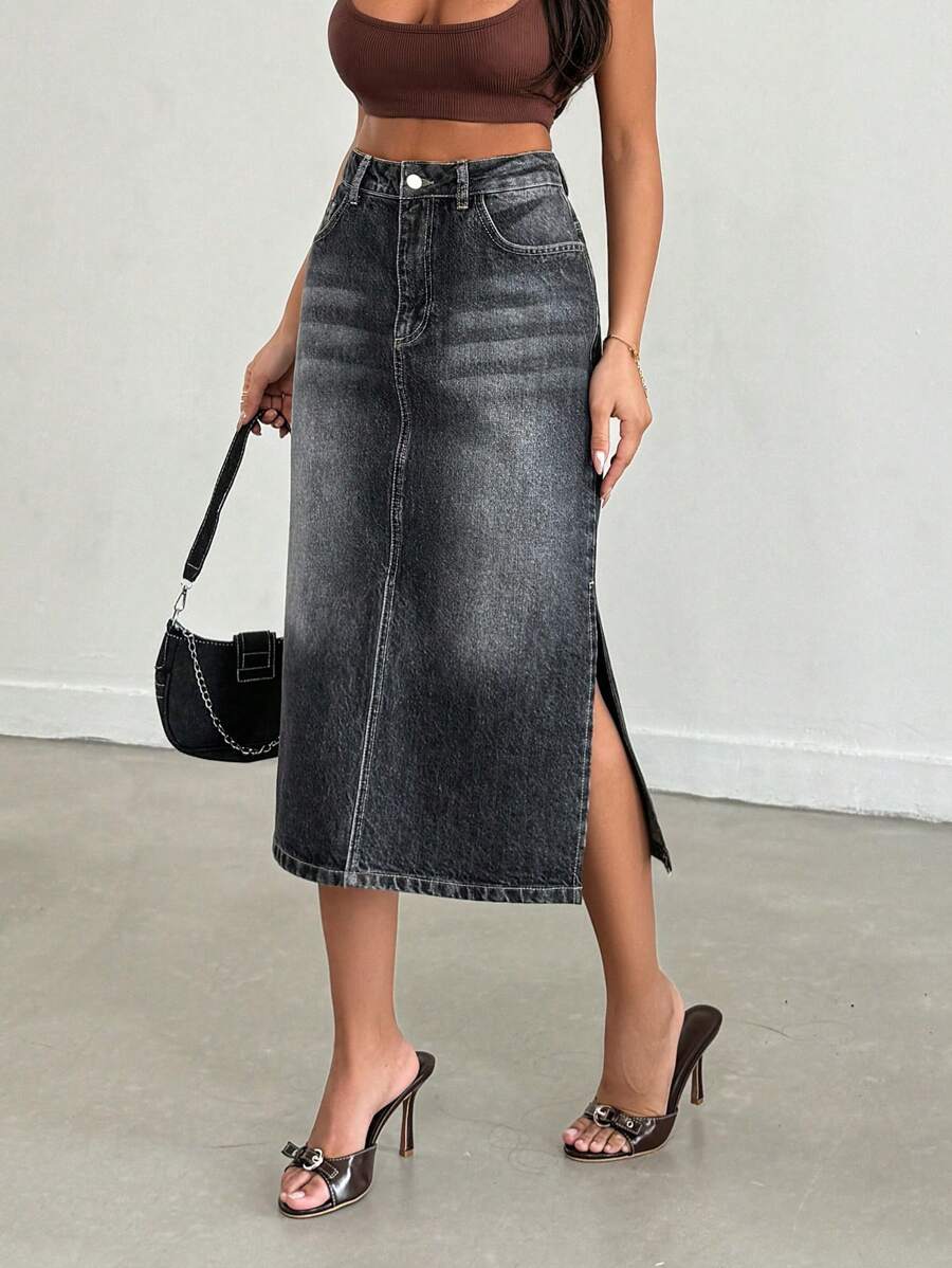 RueChic Rigid, Long Skirt With Slit - Grey - View 1