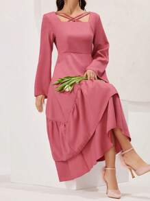 Modelyn 女士春夏單色鈴蘭袖荷葉邊連衣裙 - 中紫紅色 - 查看 6