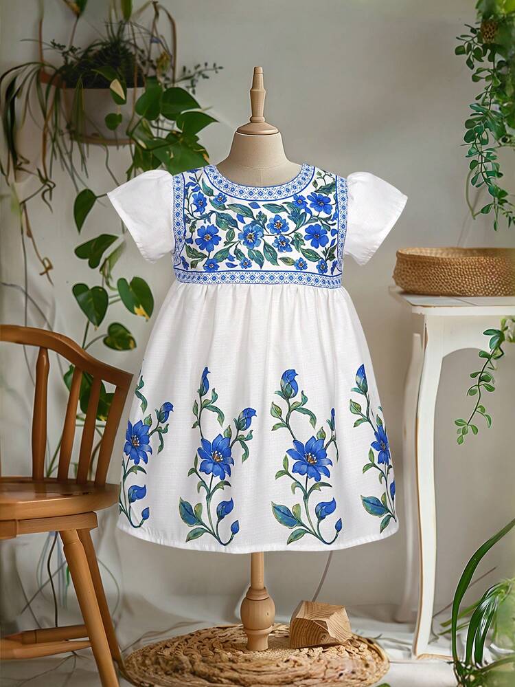 Baby Girl's Floral Print Puff Sleeve Bubble Dress, Cute Princess Summer Outfit