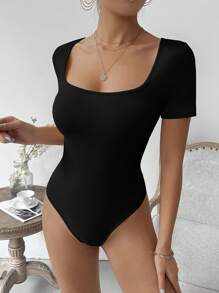 Zolique Women's Solid Color Square Neck Tight Short Sleeve Bodysuit - Multicolor - View 5