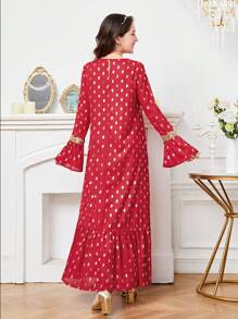 SHEIN Vestido casual largo con mangas acampanadas y ribetes de encaje de parches metálicos para niña adolescente - Rojo - Ver 2