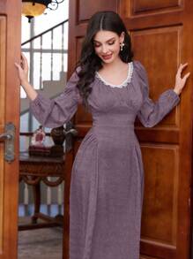 Modelyn 女士时尚夏季圆领蕾丝边收腰长裙 - 紫色 - 查看 1