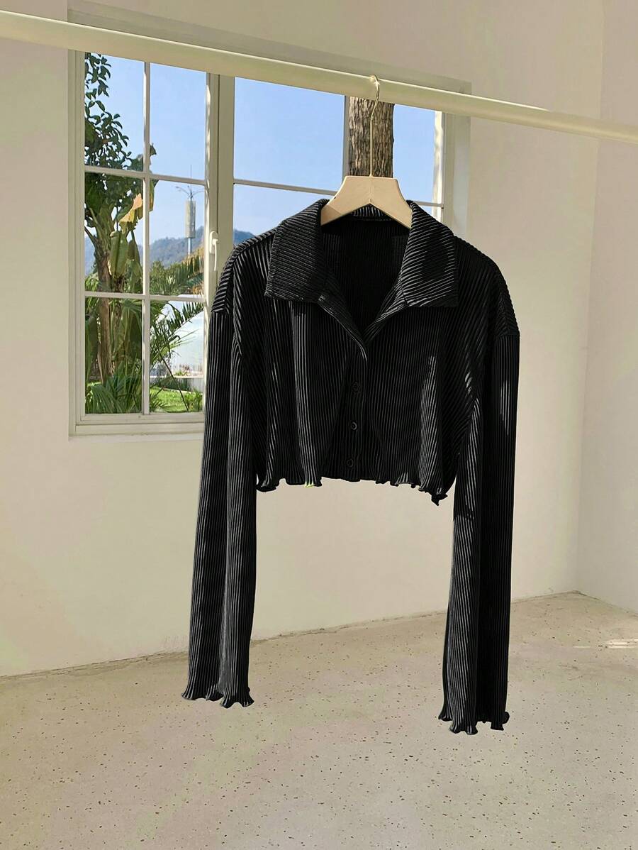 Comfortcana Women's Spring/Summer Solid Color Pleated Long Sleeve Cropped Shirt,Long Sleeve Tops