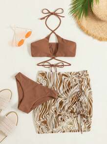 SHEIN Swim Conjunto de bikini de estampado de mármol con sujetador superior inalámbrico cruzado y Bottom de bikini, y falda de pareo con cordón, 3 piezas de bikini, traje de baño de verano para la playa