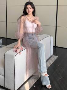 DAZY 女士时尚长款和服外套，采用透明网眼设计，夏季 - 彩色 - 查看 7