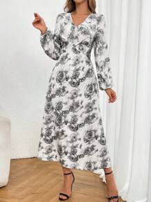 Modelyn Spring Casual V-Neck Lantern Sleeve Floral Print Dress - Grey - View 6