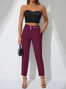 SHEIN Cottnline Belted Long Pants With Side Pockets - Burgundy - View 5