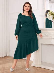 Modelyn Plus Size Spring/Summer Solid Color Lantern Sleeves Asymmetrical Hem Dress - Dark Green - View 1