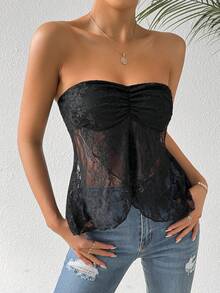 SHEIN Essnce Women Fashionable Black Lace Strapless Top - Black - View 4