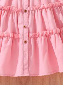 Tween Girl Ruffle Trim Mid-Length Dress With Turn-Down Collar And Woven Belt - Pink - View 5