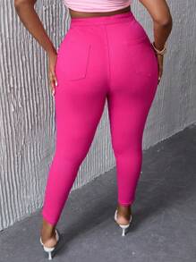 SHEIN SXY 大尺碼純色緊身牛仔褲 - 玫紅色 - 查看 2