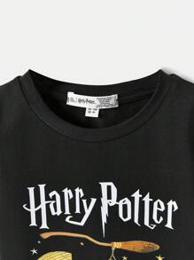 HARRY POTTER X SHEIN 少女們夏季短袖t恤,卡通字母圖案 - 黑色 - 查看 6