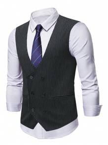 Manfinity Mode Herren Weste Mit Vertikalen Streifen Für Schlanken Schnitt Und Knöpfen Am Anzug - Schwarz - Übersicht 4