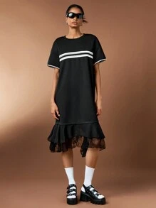Forever 21 Của phụ nữ Sọc Vòng cổ Ngắn tay Lỏng lẻo phù hợp Đầm Với Xù Hoa Sen Cho mùa hè - màu đen - Xem 4
