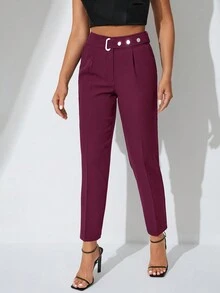 SHEIN Cottnline Belted Long Pants With Side Pockets - Burgundy - View 4