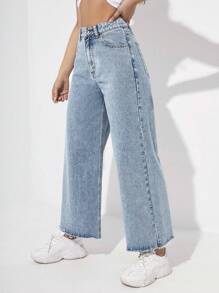 SHEIN ICON 女士時尚高腰直筒寬鬆牛仔褲 - 淺色水洗藍 - 查看 4