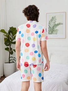 青少年男孩彩色面孔印花短袖鈕扣衫和短褲休閒2件套居家服套裝