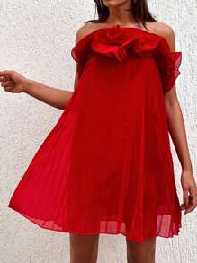 RueChic Summer Casual Multi-Layer Ruffle & Pleated Strapless Dress - Hot Pink - View 4