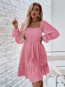 SHEIN LUNE Spring Casual Pleated Long Sleeves Dress With Ruffle Hem Fall Cloth For Women - Pink - View 4