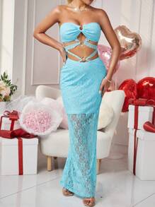Zolique Women's Solid Color Lace Hollow Out Strapless Dress For Valentine's Day - Blue - View 4