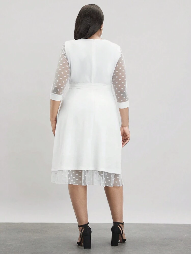 Plus Size Polka Dot Mesh Splicing Elegant Midi Dress