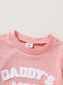 2 piezas Camiseta de niña bebé con gráfico de letras y lemas, suave y cómoda, y shorts deportivos de unicolor, conjunto casual de verano para vacaciones - Rosa - Ver 3