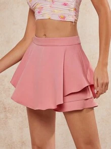 L'Amorae Elegant Overlay Ruffle Hem Solid Skort