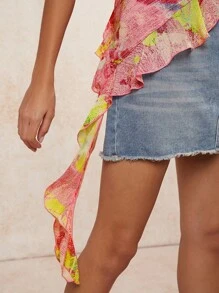 L'Amorae 1 件女士扎染花卉印花荷叶边下摆时尚吊带背心，适合假期/度假