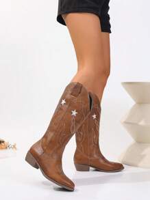 Fall/Winter 2025 Embroidered Random Asymmetric Chunky Heel Riding Boots Western Style Women Fashion Boots,Cowboy Boots