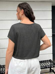 SHEIN EZwear NỮ Kích thước lớn Tối Xám Khía Cổ v Mùa hè giản dị Quần skinny Ngắn tay Màu thuần Áo thun - Màu xám đen - Xem 2