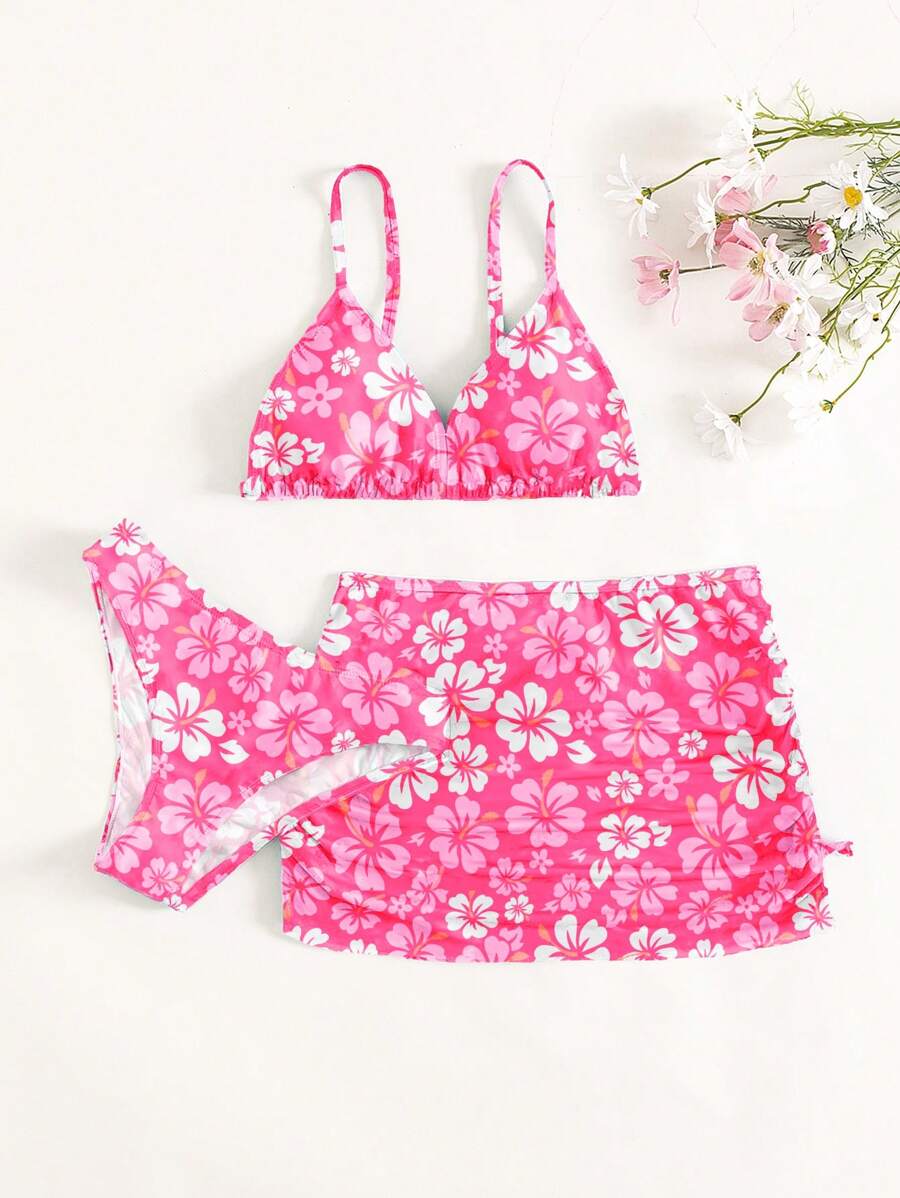 SHEIN Tween Girl Floral Print Bikini Set & Ruched Beach Skirt Summer Beach - Pink - View 1