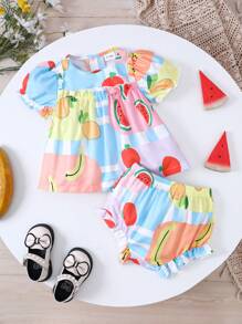 2 Pièces Tenue À Manches À Bulles À Imprimé Fruit Patchwork Adorable Pour Bébé Fille. Convient Pour Un Usage Quotidien En Été. - Multicolore - Voir 1